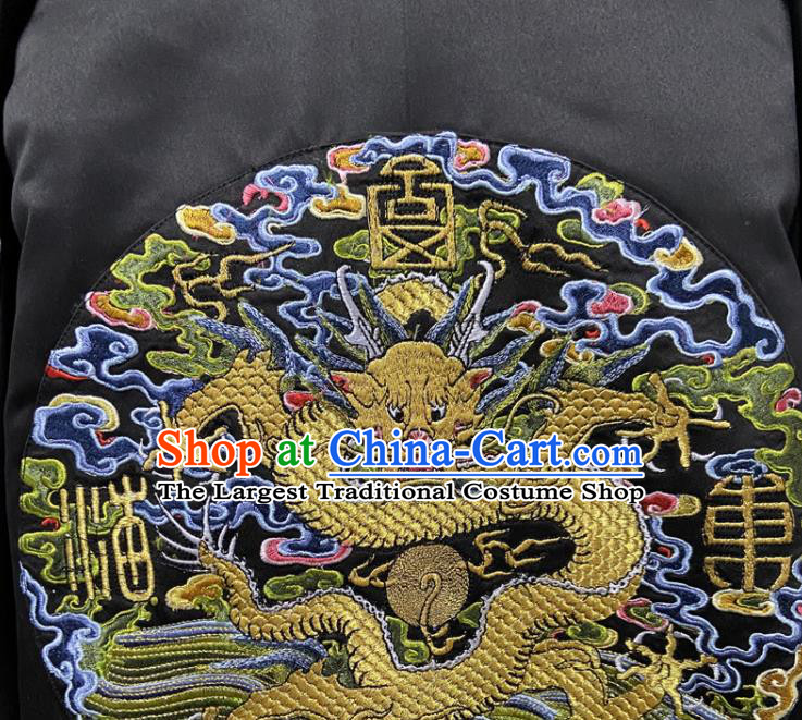 China Qing Dynasty Manchu Monarch Embroidered Dragon Robe Clothing Ancient Black Official Garment Traditional Emperor Kangxi Historical Costume