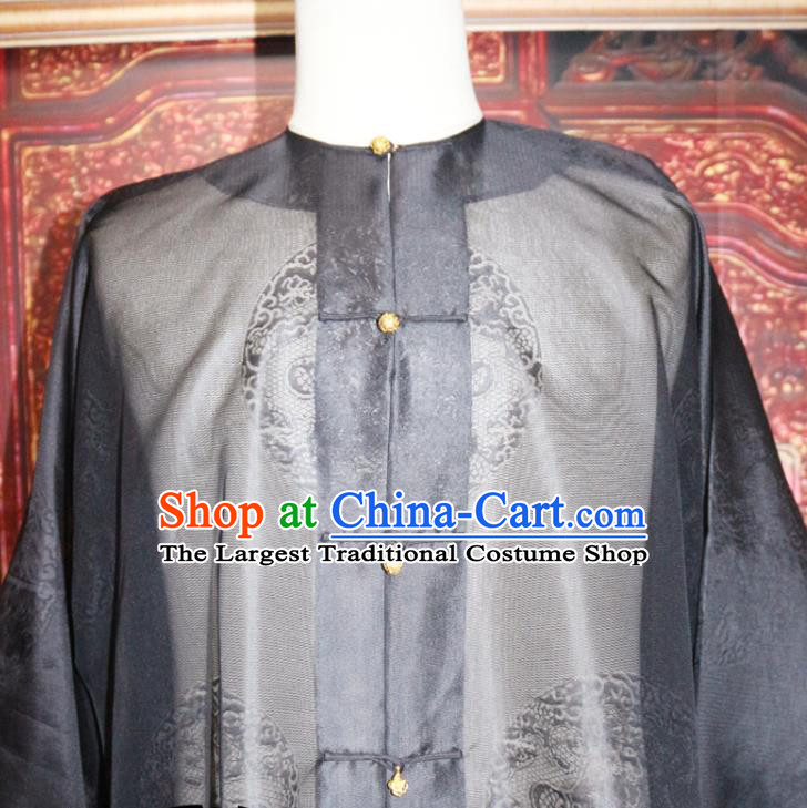 China Qing Dynasty Manchu King Historical Garment Costume Ancient Monarch Black Silk Long Gown Traditional Emperor Mandarin Jacket