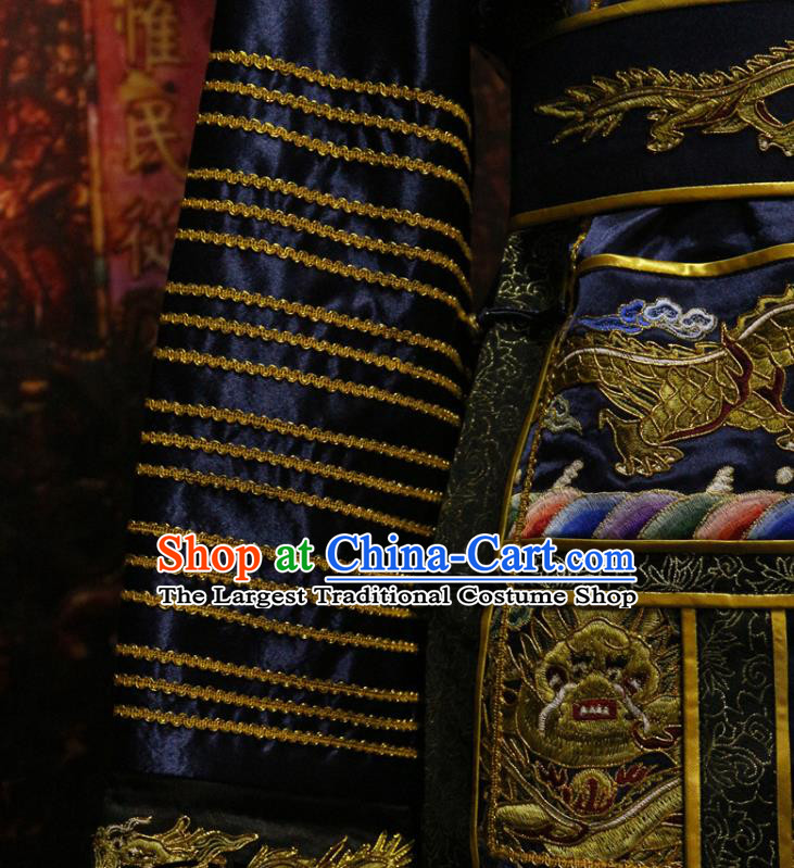 China Traditional Emperor Imperial Robe Qing Dynasty Manchu King Historical Garment Costume Ancient Monarch Embroidered Navy Dragon Robe