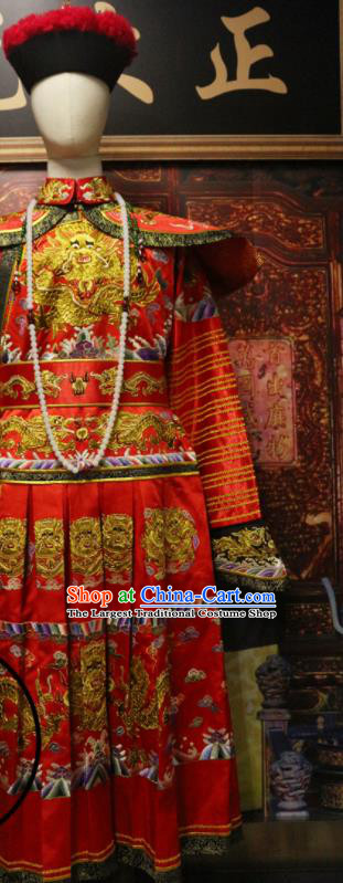 China Ancient Monarch Embroidered Wedding Dragon Robe Traditional Emperor Red Imperial Robe Qing Dynasty Manchu Lord Historical Garment Costume