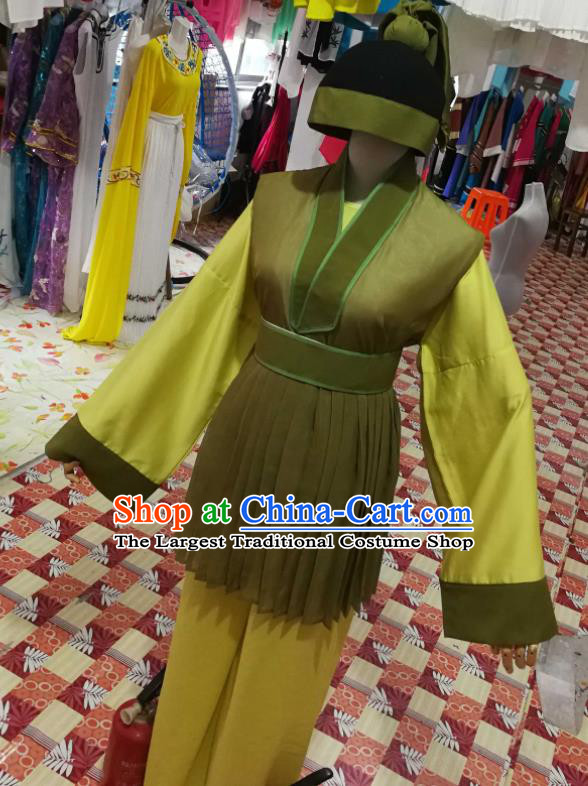 China Traditional Opera Farmer Clothing Wuxi Opera Pauper Garment Costumes Beijing Opera Servant Green Uniforms