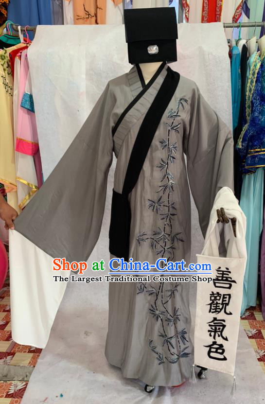 China Shaoxing Opera Young Male Garment Costumes Beijing Opera Xiaosheng Embroidered Grey Robe Uniforms Traditional Opera Taoist Clothing