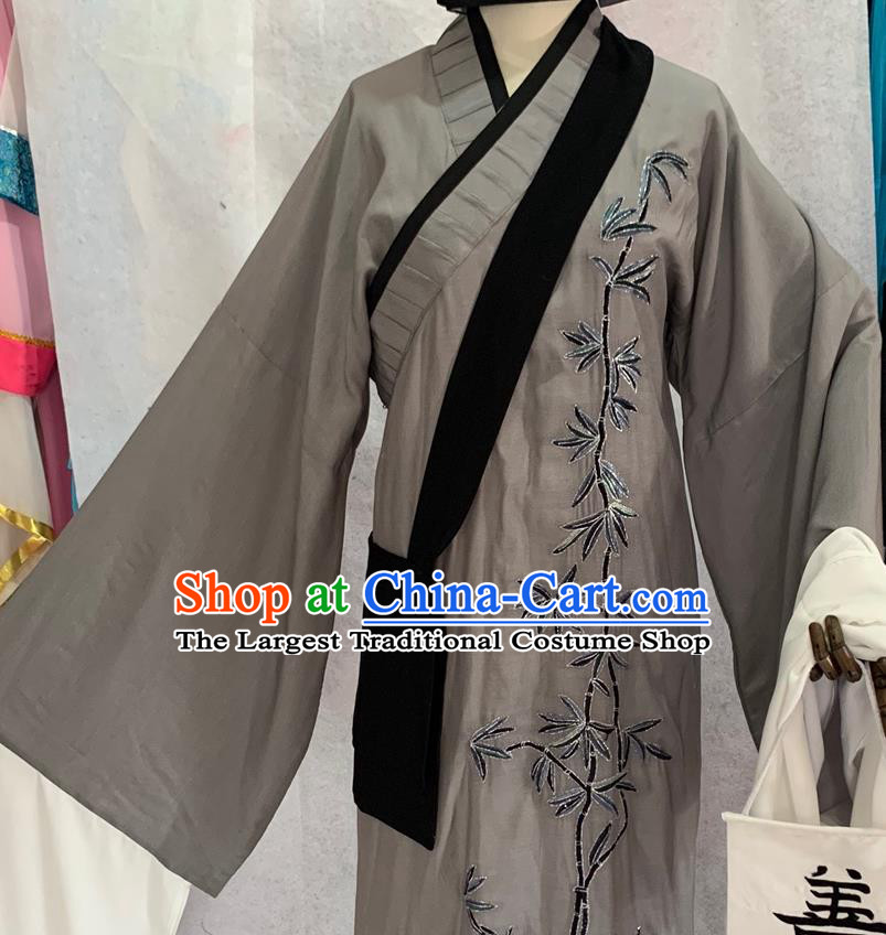 China Shaoxing Opera Young Male Garment Costumes Beijing Opera Xiaosheng Embroidered Grey Robe Uniforms Traditional Opera Taoist Clothing
