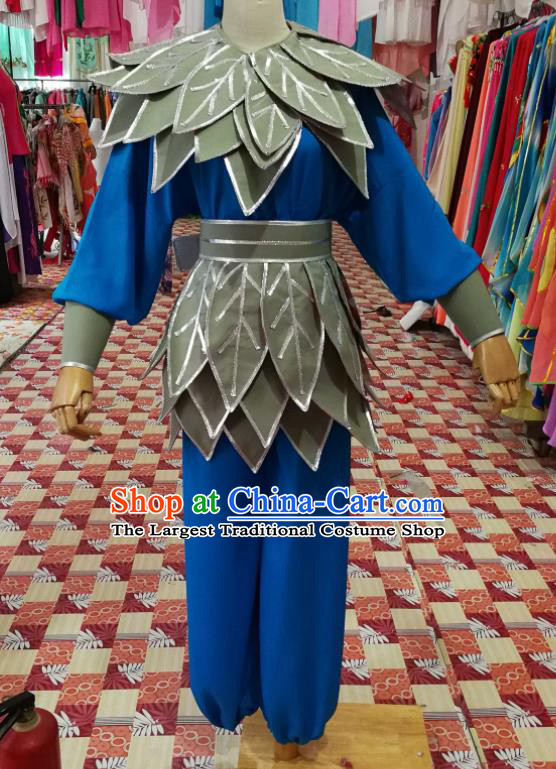 China Shaoxing Opera Fairchild Garment Costumes Beijing Opera Wusheng Blue Uniforms Traditional Opera Swordsman Clothing