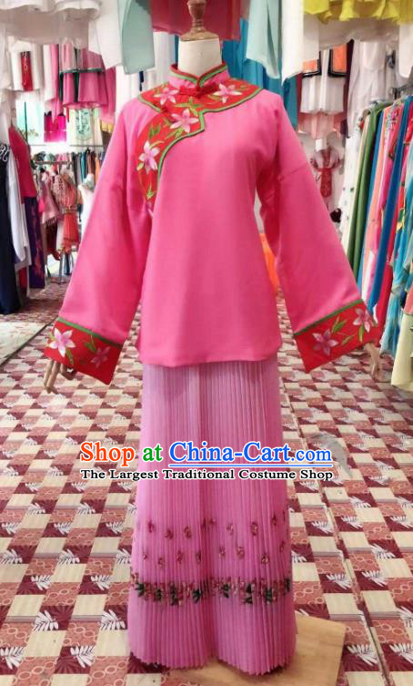 China Ancient Country Lady Garment Costumes Shaoxing Opera Servant Woman Pink Dress Outfits Traditional Peking Opera Actress Clothing