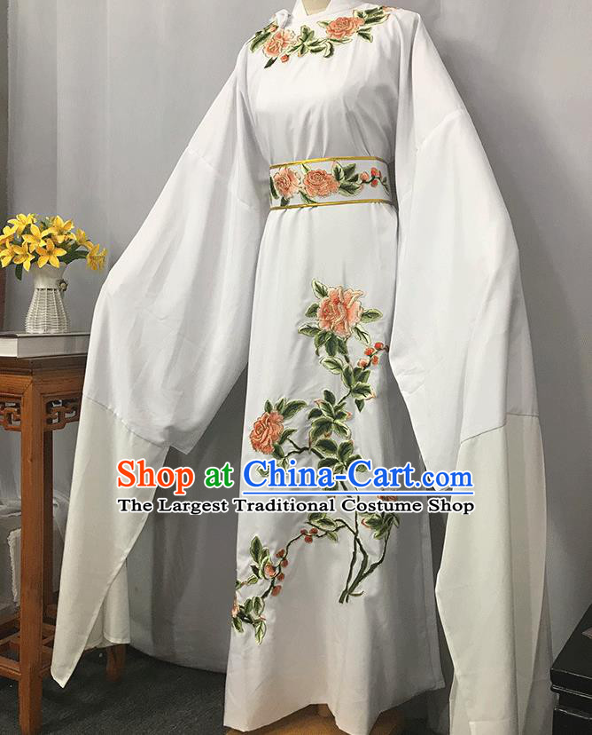 China Opera Childe Garment Costume Beijing Opera Xiaosheng Embroidered White Robe Traditional Yue Opera Scholar Clothing