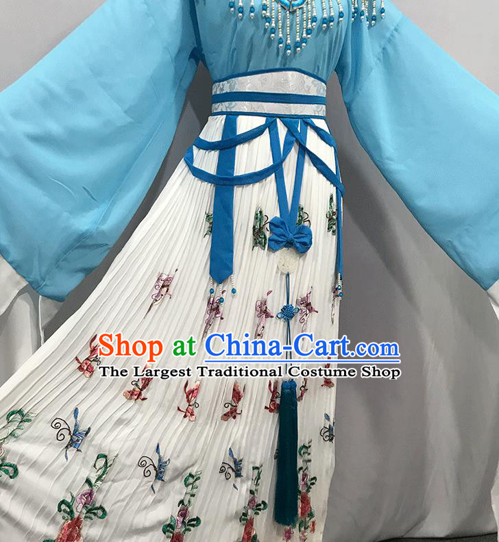 China Traditional Shaoxing Opera Princess Blue Dress Outfits Peking Opera Fairy Clothing Ancient Goddess Garment Costumes