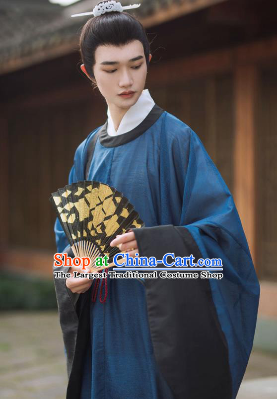 China Ming Dynasty Scholar Clothing Ancient Young Childe Garment Costume Traditional Hanfu Navy Long Gown