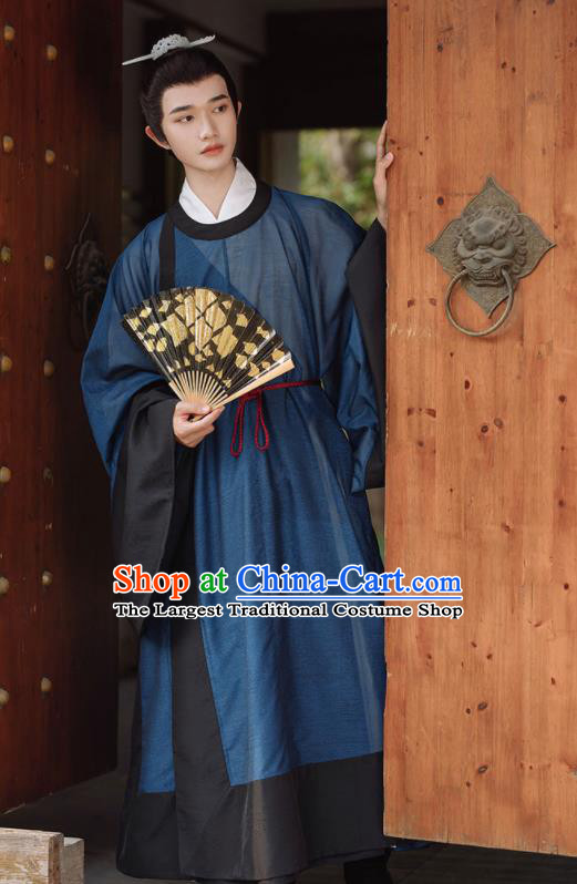 China Ming Dynasty Scholar Clothing Ancient Young Childe Garment Costume Traditional Hanfu Navy Long Gown