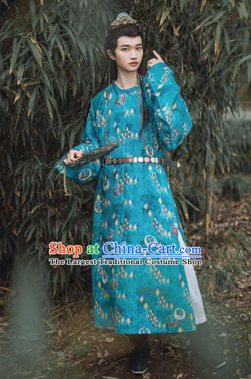 China Traditional Hanfu Blue Flax Robe Tang Dynasty Young Knight Clothing Ancient Swordsman Garment Costume