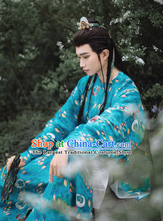 China Traditional Hanfu Blue Flax Robe Tang Dynasty Young Knight Clothing Ancient Swordsman Garment Costume