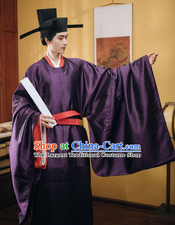 China Ancient Official Garment Costume Traditional Hanfu Purple Robe Vestment Song Dynasty Chancellor Clothing