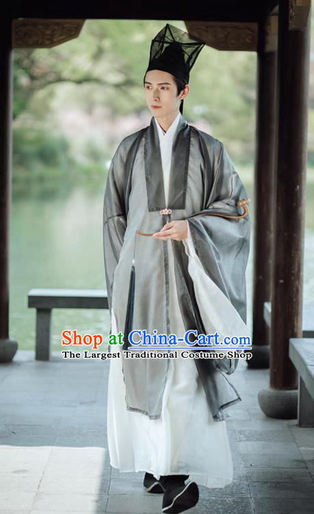 China Ming Dynasty Taoist Clothing Ancient Scholar Garment Costume Traditional Hanfu Grey Cloak