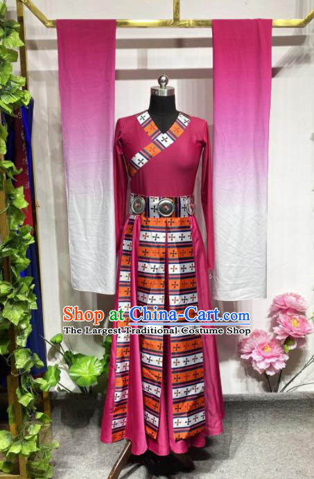 Chinese Zang Minority Rosy Dress Outfits Tibetan Nationality Dance Clothing Ethnic Performance Costume Woman Dance Garments