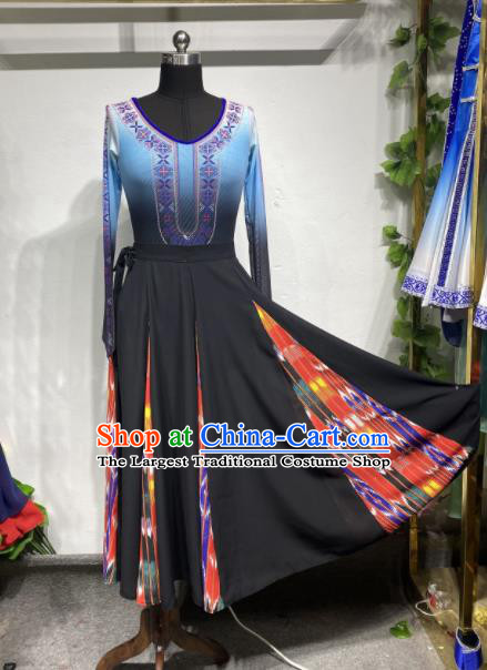Chinese Uighur Nationality Dance Clothing Xinjiang Ethnic Performance Costume Woman Dance Garments Uyghur Minority Black Dress Outfits