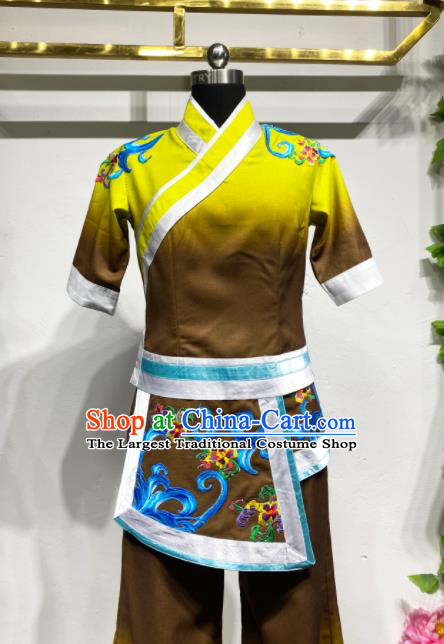 Chinese Folk Dance Yellow Outfits Fan Dance Costumes Yangko Dance Clothing Women Group Performance Garments