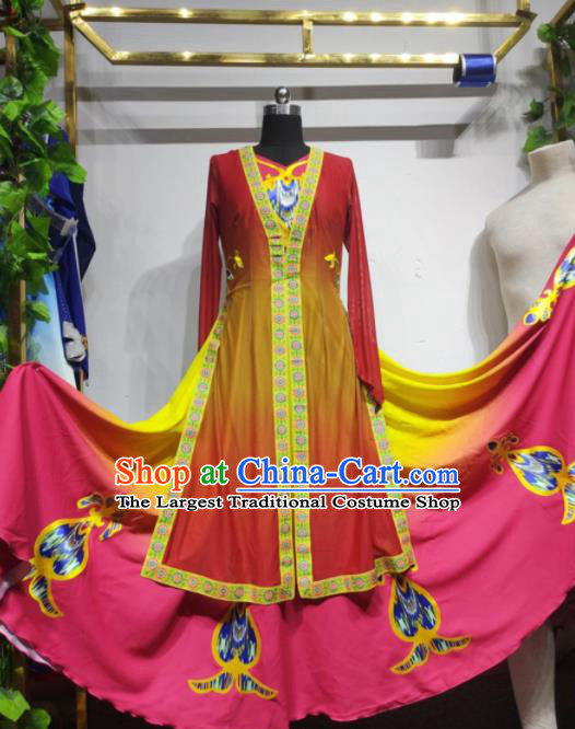 Chinese Uyghur Minority Rosy Dress Outfits Uighur Nationality Dance Clothing Xinjiang Ethnic Performance Costume Woman Dance Garments