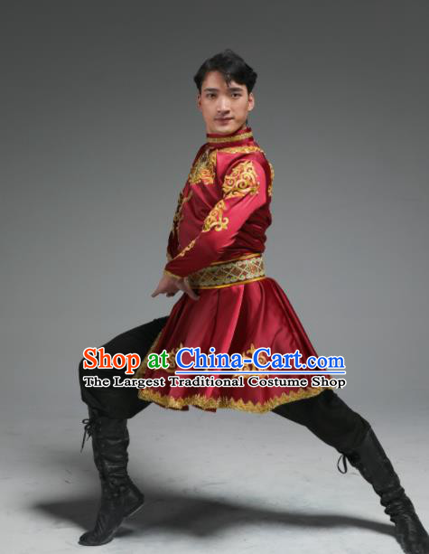 China Uyghur Nationality Male Dance Clothing Uighur Ethnic Stage Performance Red Suits Xinjiang Minority Dance Costumes