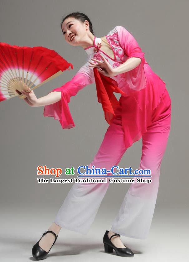 Chinese Jiaozhou Yangko Dance Clothing Women Group Performance Garments Folk Dance Rosy Outfits Fan Dance Costumes