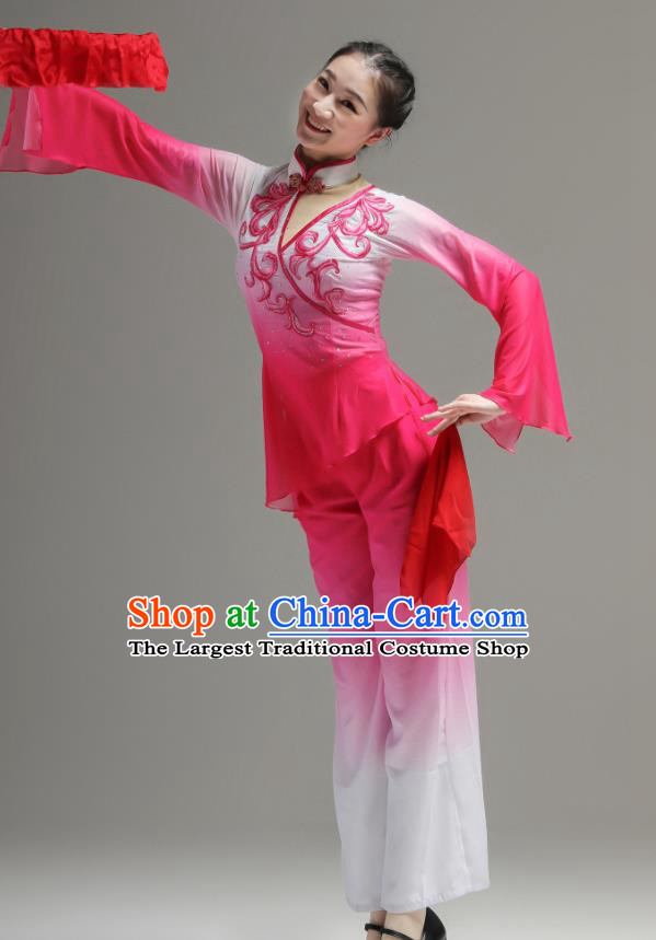 Chinese Jiaozhou Yangko Dance Clothing Women Group Performance Garments Folk Dance Rosy Outfits Fan Dance Costumes