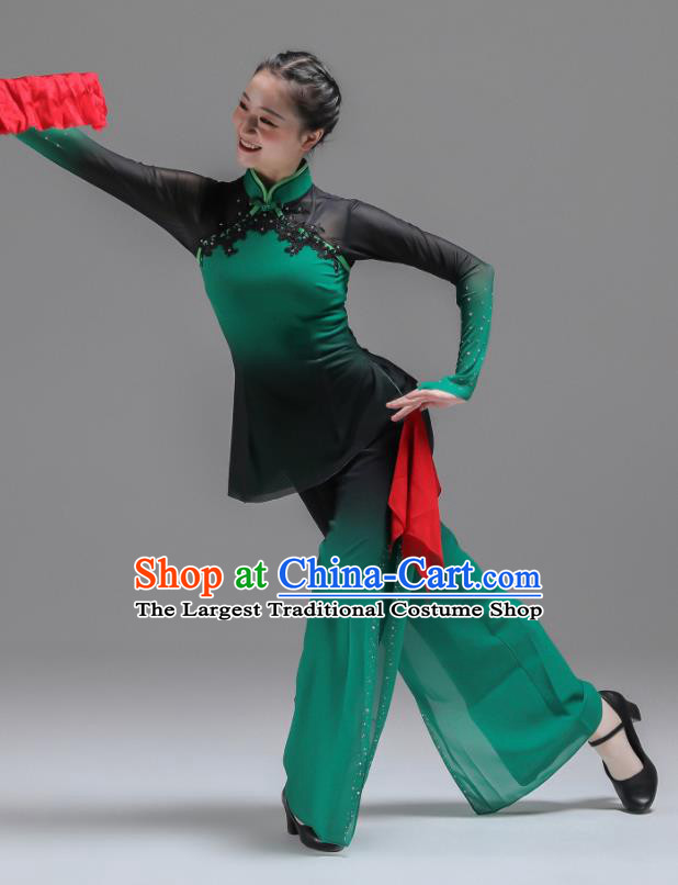 Chinese Folk Dance Green Outfits Fan Dance Costumes Jiaozhou Yangko Dance Clothing Women Group Performance Garments