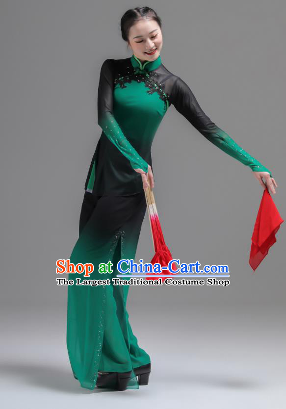 Chinese Folk Dance Green Outfits Fan Dance Costumes Jiaozhou Yangko Dance Clothing Women Group Performance Garments