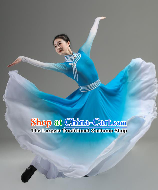 Chinese Mongolian Minority Blue Dress Outfits Mongol Nationality Clothing Ethnic Folk Dance Costume Woman Performance Garments