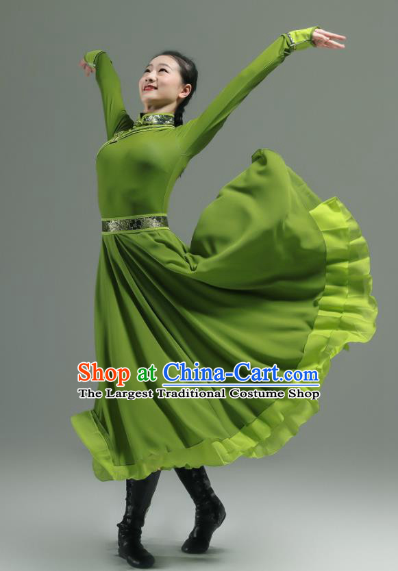 Chinese Ethnic Woman Performance Garments Mongolian Minority Green Dress Outfits Mongol Nationality Clothing Folk Dance Costume