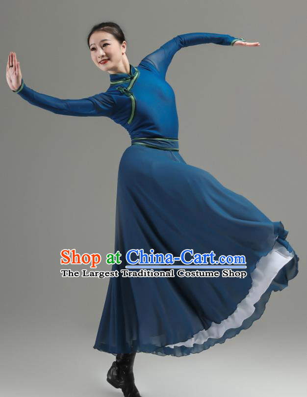 Chinese Folk Dance Costume Ethnic Woman Performance Garments Mongolian Minority Navy Dress Outfits Mongol Nationality Clothing