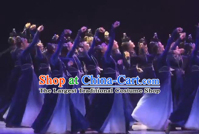 Chinese Woman Dance Garments Mongolian Minority Navy Dress Outfits Mongol Nationality Dance Clothing Ethnic Performance Costume