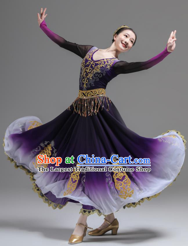 Chinese Xinjiang Dance Costumes Ethnic Woman Dance Garments Uyghur Minority Performance Purple Dress Outfits Uighur Nationality Dance Clothing