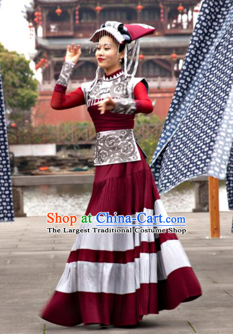 Chinese Yi Minority Performance Wine Red Dress Xiangxi Nationality Dance Clothing Stage Performance Garment Costumes Ethnic Woman Dance Outfits
