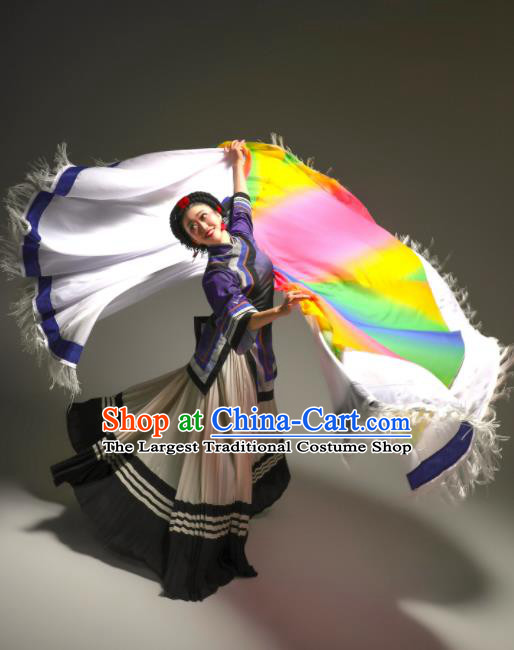 Chinese Ethnic Woman Dance Outfits Yi Minority Festival Dress Xiangxi Nationality Dance Clothing Stage Performance Garment Costumes