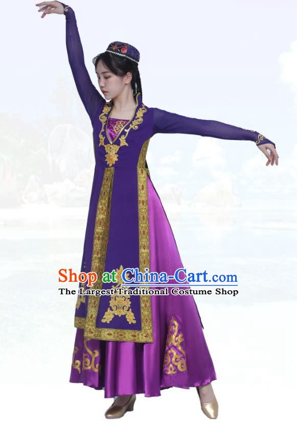 Chinese Stage Performance Garment Costumes Xinjiang Ethnic Woman Dance Outfits Uighur Minority Purple Dress Uyghur Nationality Dance Clothing