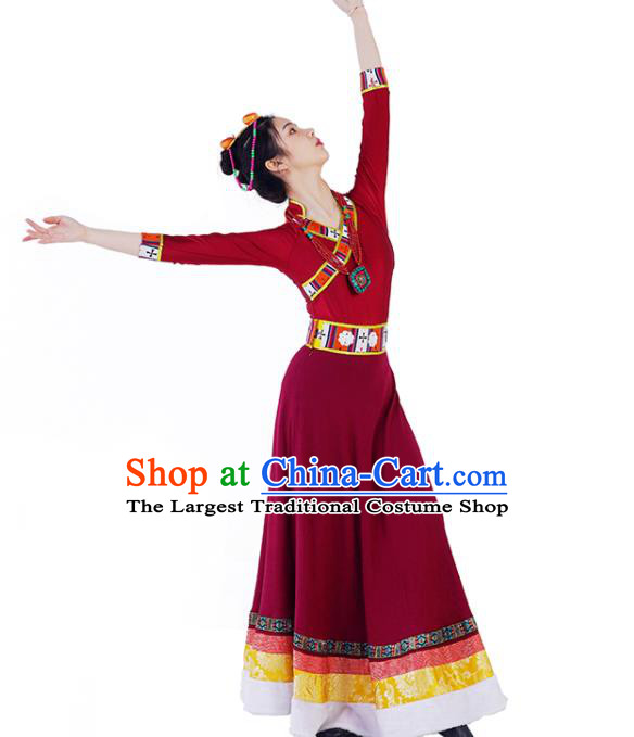 Chinese Zang Nationality Dance Clothing Stage Performance Garment Costumes Tibetan Minority Wine Red Dress Ethnic Woman Dance Outfits