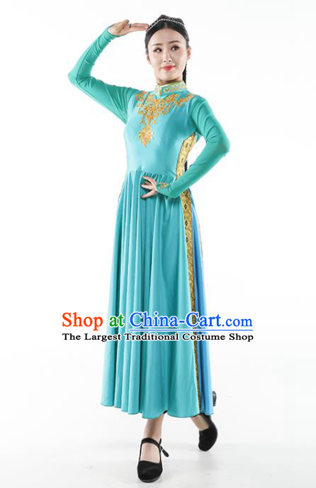 Chinese Ethnic Woman Dance Outfits Uyghur Nationality Dance Clothing Xinjiang Stage Performance Garment Costumes Uighur Minority Blue Dress