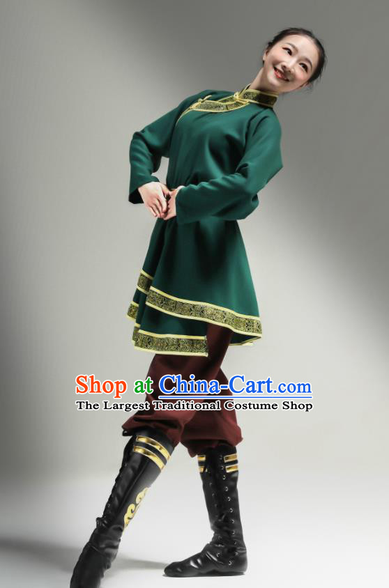 Chinese Ethnic Woman Garments Mongol Minority Performance Green Dress Outfits Mongolian Nationality Clothing Folk Dance Costume