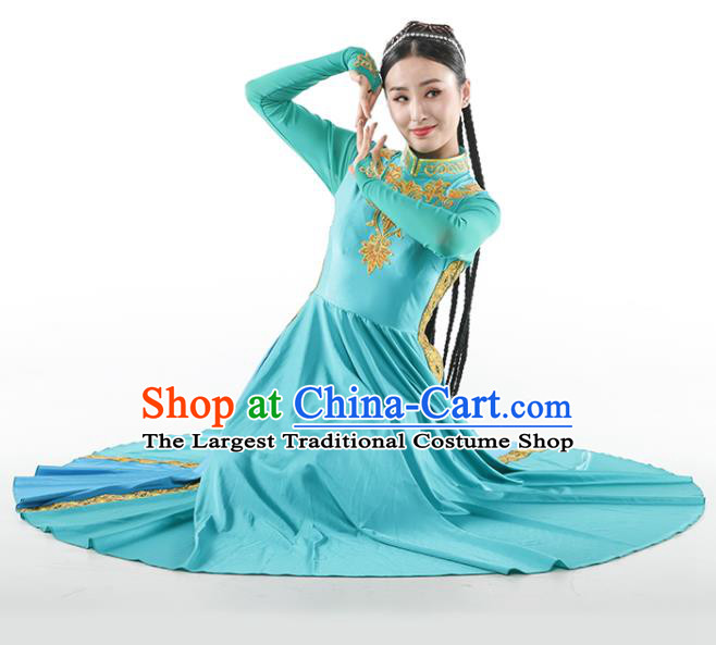Chinese Ethnic Woman Dance Outfits Uyghur Nationality Dance Clothing Xinjiang Stage Performance Garment Costumes Uighur Minority Blue Dress