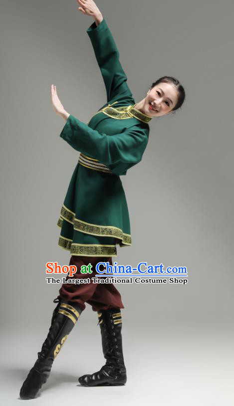 Chinese Ethnic Woman Garments Mongol Minority Performance Green Dress Outfits Mongolian Nationality Clothing Folk Dance Costume