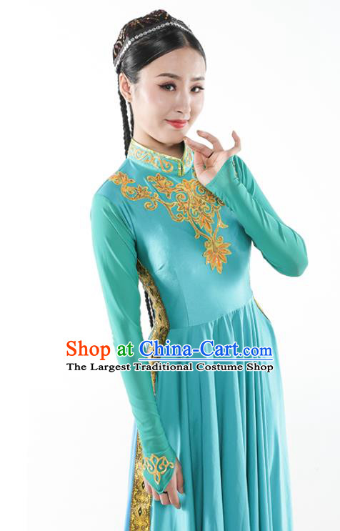 Chinese Ethnic Woman Dance Outfits Uyghur Nationality Dance Clothing Xinjiang Stage Performance Garment Costumes Uighur Minority Blue Dress