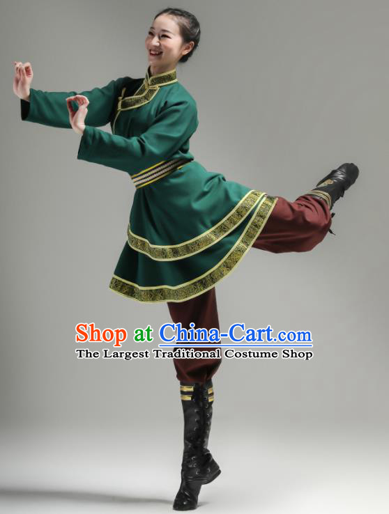 Chinese Ethnic Woman Garments Mongol Minority Performance Green Dress Outfits Mongolian Nationality Clothing Folk Dance Costume