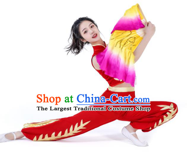Chinese Women Group Performance Garments Folk Dance Red Outfits Fan Dance Costumes Jiaozhou Yangko Dance Clothing