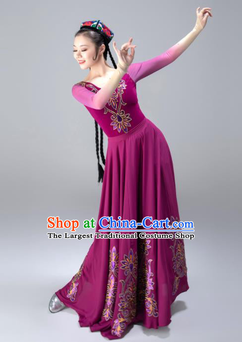 Chinese Uyghur Nationality Dance Clothing Xinjiang Performance Garments Uighur Minority Purple Dress Ethnic Woman Dance Outfits