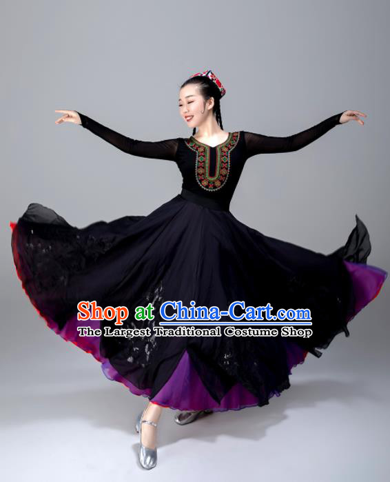 Chinese Xinjiang Performance Garments Uighur Minority Woman Black Dress Ethnic Dance Outfits Uyghur Nationality Folk Dance Clothing