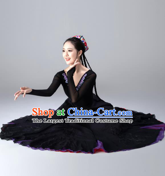 Chinese Xinjiang Performance Garments Uighur Minority Woman Black Dress Ethnic Dance Outfits Uyghur Nationality Folk Dance Clothing