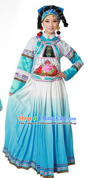 Chinese Ethnic Stage Performance Outfits Yao Nationality Folk Dance Clothing Woman Dance Garments Deang Minority Blue Dress
