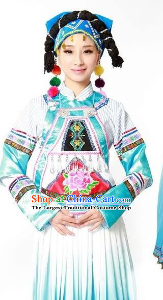 Chinese Ethnic Stage Performance Outfits Yao Nationality Folk Dance Clothing Woman Dance Garments Deang Minority Blue Dress