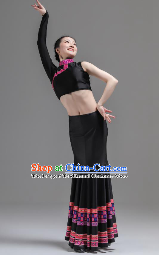 Chinese Ethnic Woman Garments Dai Minority Performance Black Dress Outfits Yunnan Nationality Pavane Clothing Peacock Dance Costumes