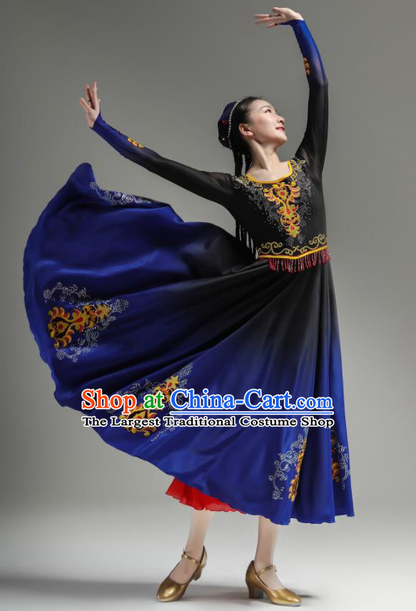 Chinese Xinjiang Dance Costumes Ethnic Woman Garments Uyghur Minority Performance Blue Dress Outfits Uighur Nationality Dance Clothing