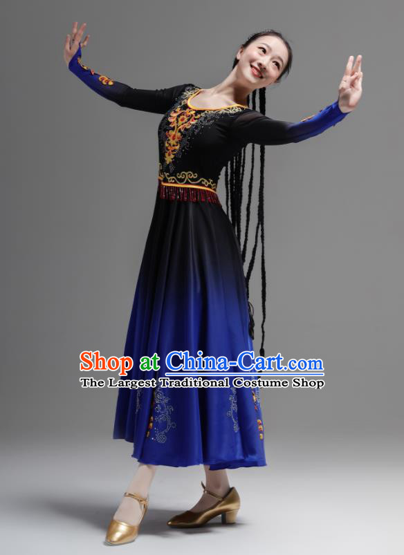 Chinese Xinjiang Dance Costumes Ethnic Woman Garments Uyghur Minority Performance Blue Dress Outfits Uighur Nationality Dance Clothing